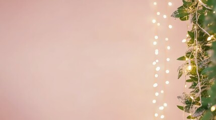 Fototapeta premium Soft pink background with fairy lights and greenery.