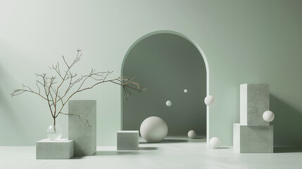 minimal and ethereal scene with an arched doorway leading to another dimension, a white marble podium in the center surrounded by soft pastel spheres