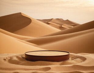 Round wooden platform nestled in a vast desert landscape with rolling sand dunes, perfect for showcasing products or creating a sense of adventure and exploration.