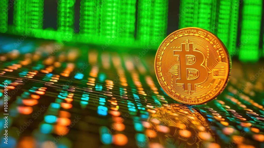 Poster a bitcoin coin on a background of binary code and circuit lines, symbolizing the digital and cryptog