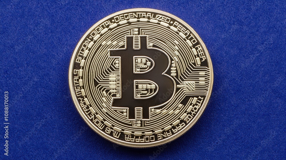 Poster a bitcoin coin on a blue background with binary code, symbolizing the secure, encrypted nature of bl