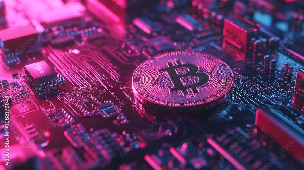 Poster a bitcoin coin on a motherboard background, symbolizing the connection between bitcoin and technolog