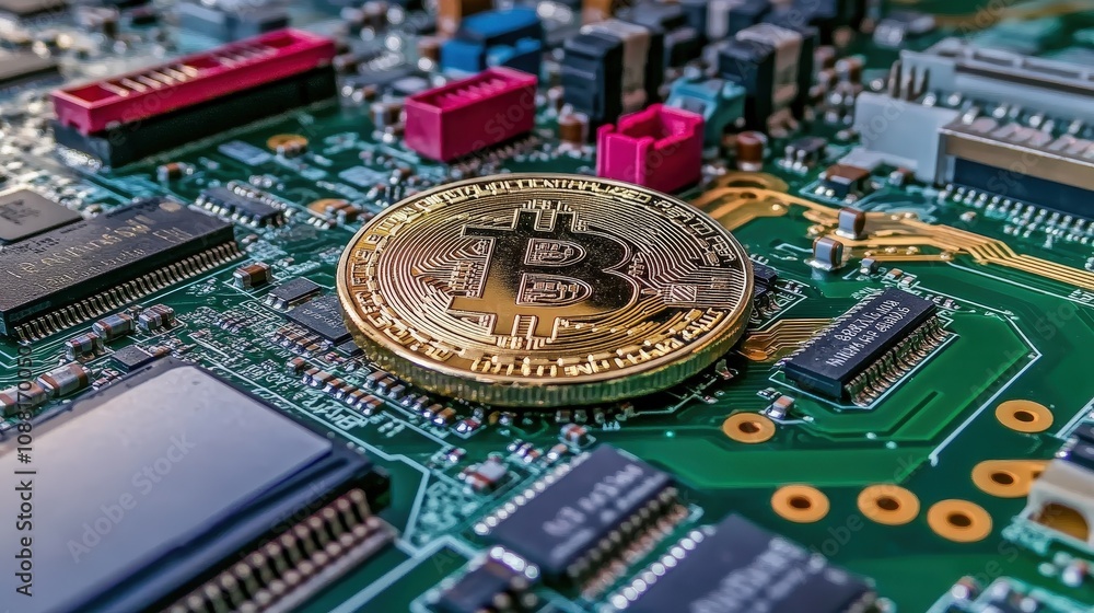Poster a bitcoin coin on a motherboard background, symbolizing the connection between bitcoin and technolog