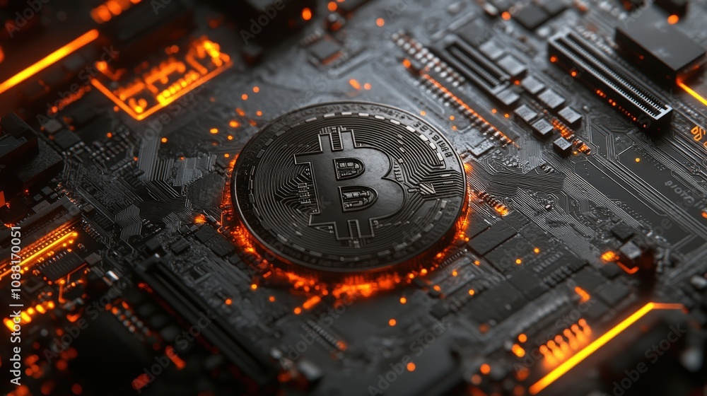 Poster a bitcoin coin on a motherboard background, symbolizing the connection between bitcoin and technolog
