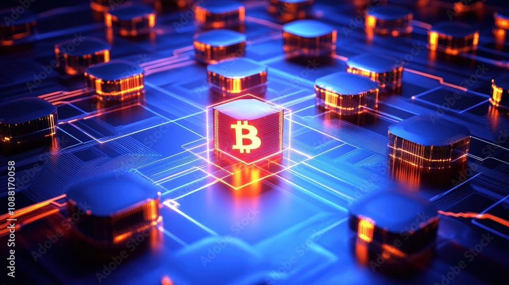 Poster a bitcoin logo glowing in the center of interconnected data blocks, representing blockchain technolo