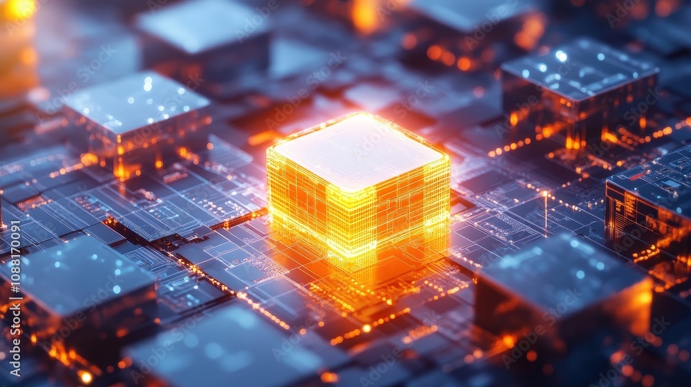 Poster a bitcoin logo glowing in the center of interconnected data blocks, representing blockchain technolo