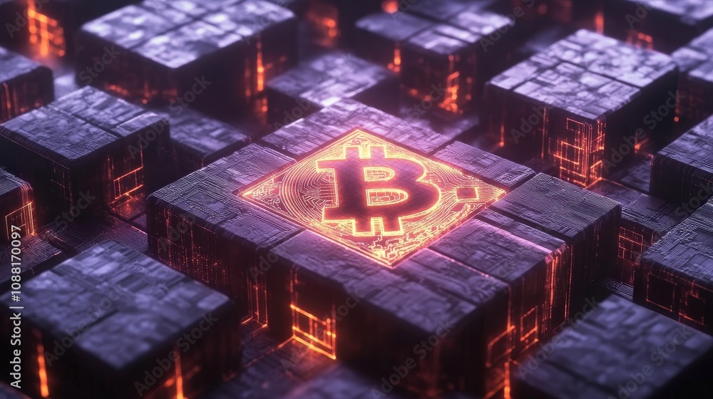 Poster a bitcoin logo glowing in the center of interconnected data blocks, representing blockchain technolo