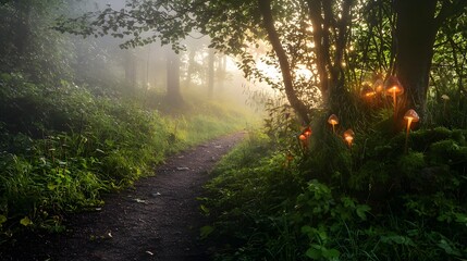 Obraz premium Glowing Mushrooms on Forest Path with Soft Fog and Gentle Morning Light