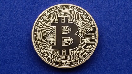 A Bitcoin coin on a blue background with binary code, symbolizing the secure, encrypted nature of blockchain technology and cryptocurrency