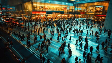 Crowded urban plaza with people walking under warm lights