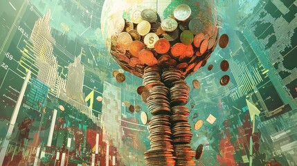 An economic-themed image representing global inflation and monetary policies. At the center, a towering stack of oversized coins and paper 