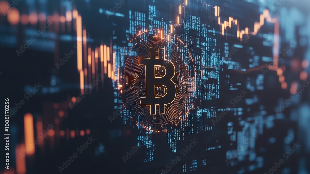 Poster a bitcoin symbol with financial charts and blockchain nodes, representing the value, growth, and tec