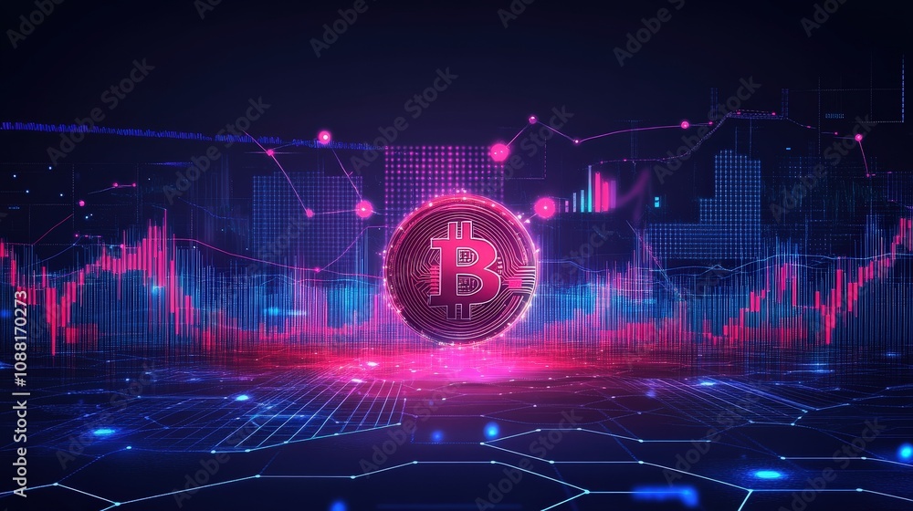 Poster a bitcoin symbol with financial charts and blockchain nodes, representing the value, growth, and tec
