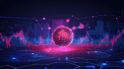 A Bitcoin symbol with financial charts and blockchain nodes, representing the value, growth, and technology behind cryptocurrency