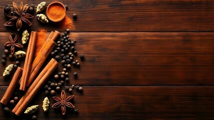 Naklejka premium Moody Assortment of Aromatic Spices Arranged on a Weathered Wooden Tabletop