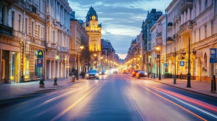 Fototapeta premium In the evening, a busy city street is lit by blurred car lights, highlighting the charming architecture and lively atmosphere. Generative AI