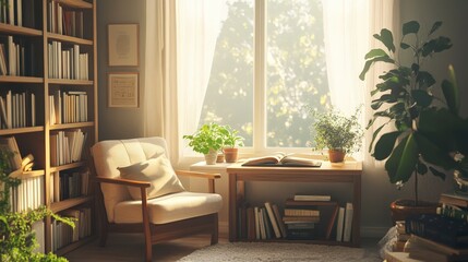 A bright reading table next to a window, surrounded by plants and books, with a cozy armchair and a soft, neutral-toned ambiance perfect for hours of reading