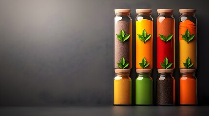 Fototapeta premium Meticulously Arranged Transparent Glass Containers of Vibrant Spices in Serene Kitchen Setting