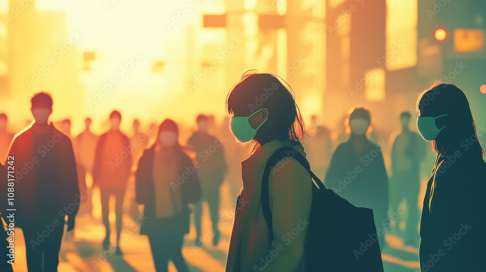 Poster a busy urban scene where visibility is reduced due to high pm 2.5 levels. buildings in the backgroun