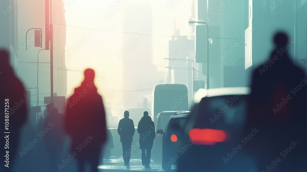 Poster a busy urban scene where visibility is reduced due to high pm 2.5 levels. buildings in the backgroun