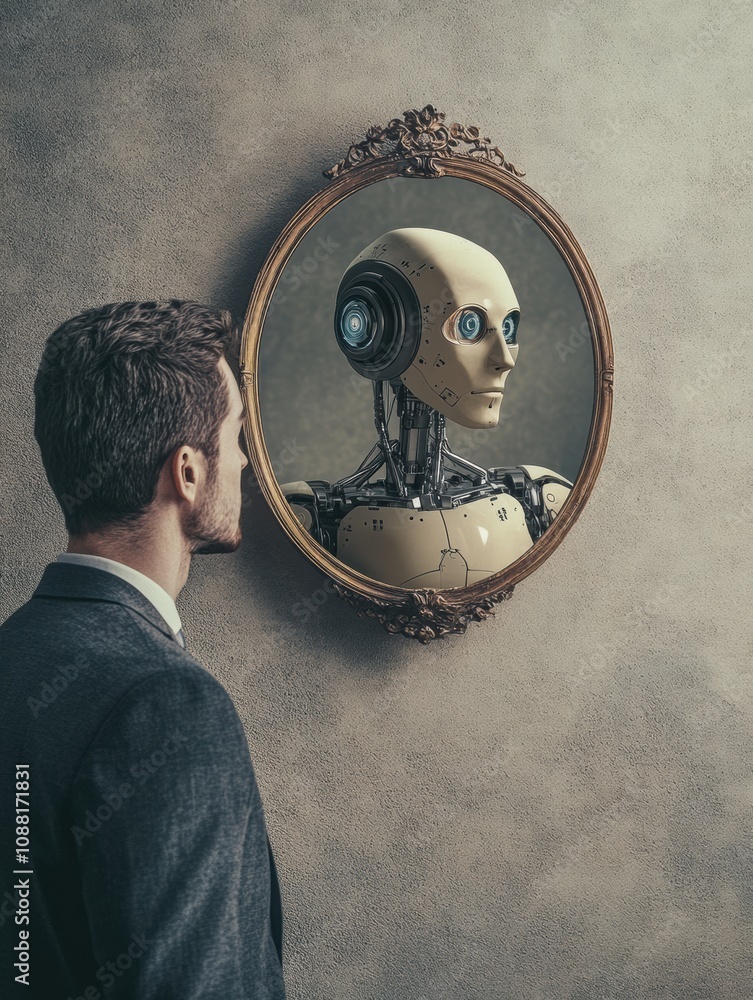Aufkleber a person gazes into a digital mirror, seeing a robot reflection, pondering the blend of technology a