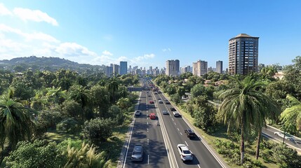 Obraz premium Highway traffic amidst cityscape and lush tropical foliage under sunny skies.