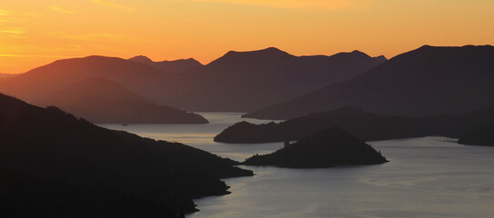 Sunset scene on the Queen Charlotte Track., Marlborough Sounds.