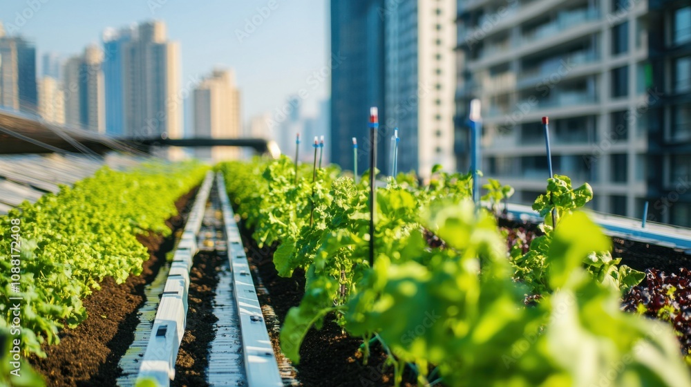 Fototapete A high-tech AI-powered smart irrigation system for urban gardens, modern residential setting with automated watering systems and soil moisture sensors, Gardening style