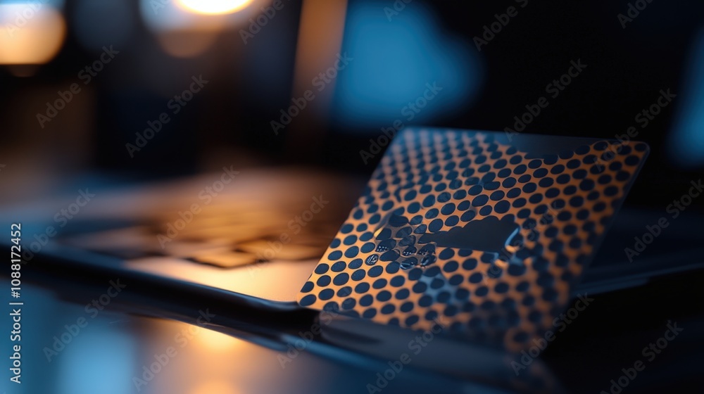 Poster a close-up of a credit card with an eye-catching pattern and minimal branding, held in front of an i