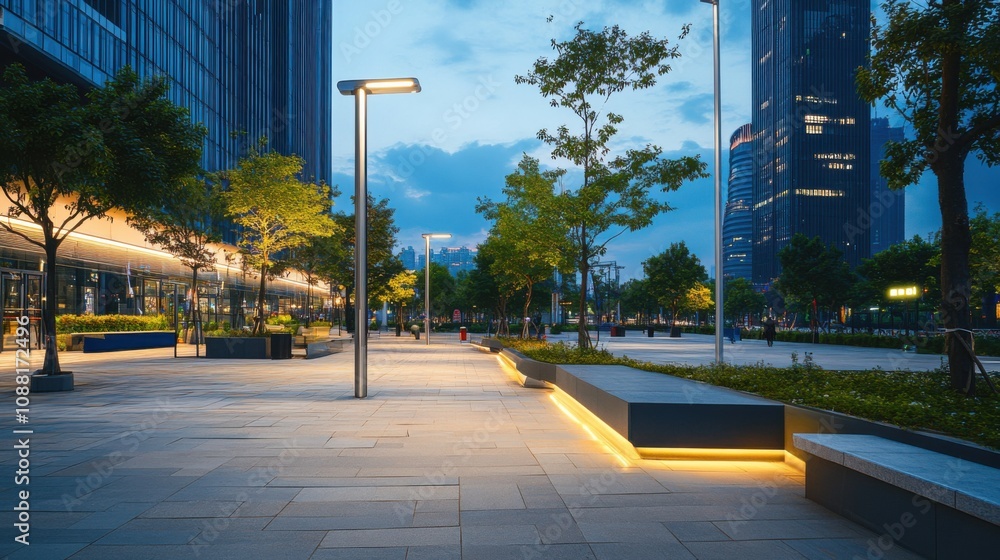 Poster A high-tech AI-powered smart lighting system for public spaces, modern urban plaza with integrated lighting controls and adaptive brightness features for enhanced safety and aesthetics