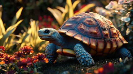 Obraz premium A colorful tortoise slowly making its way across a sunlit garden.