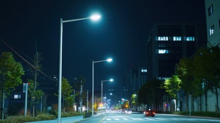 A high-tech AI-powered smart lighting system for urban streets, modern cityscape with integrated sensors and adaptive lighting controls for energy efficiency and safety, Street Lighting style
