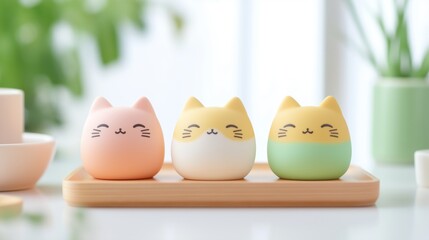 Cute cat themed trinkets arranged on a wooden tray in a cozy indoor setting during daylight hours.