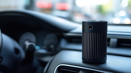 A compact, portable air purifier in a car interior, purifying the air while commuting.