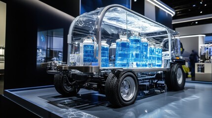 A compact water-fueled vehicle with advanced water purification tanks on display, designed for smooth city driving and ultimate energy efficiency,