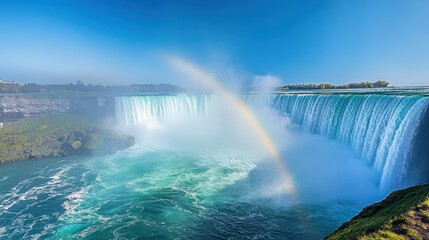 Fototapeta premium Breathtaking view of the majestic Niagara Falls with vibrant rainbow formation and cascading water under a clear blue sky, capturing nature's beauty and power.