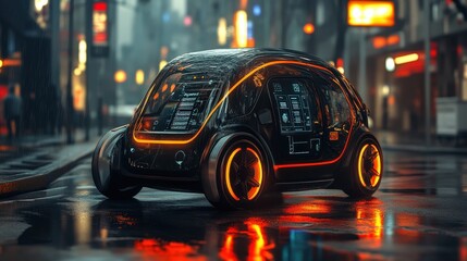A compact, water-powered electric hybrid with neon accents, digital display of water fuel levels, and smart parking tech, ideal for eco-conscious urban dwellers