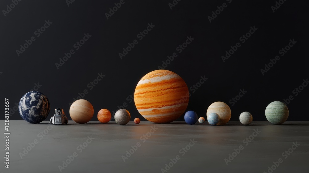 Poster artistic representation of the solar system with model planets and spacecraft displayed on a minimal