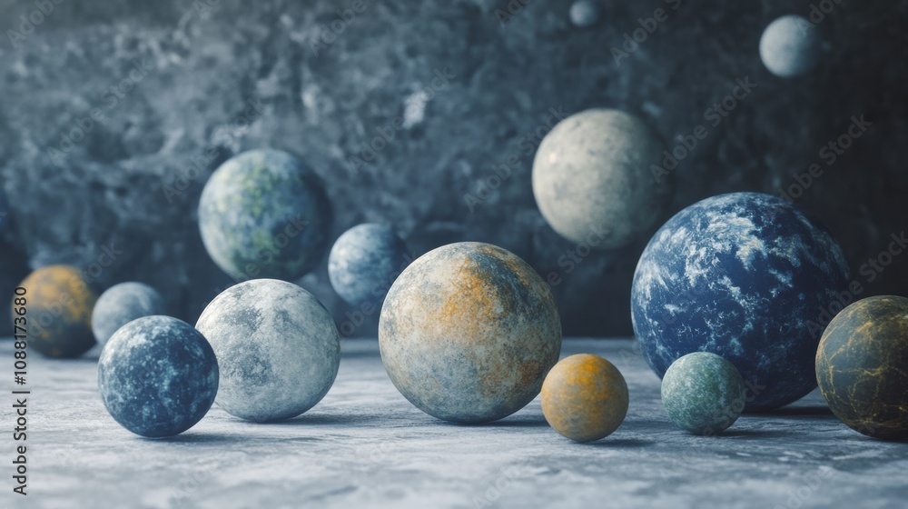 Poster digital creation of colorful and diverse planetary spheres floating in space against a dark textured