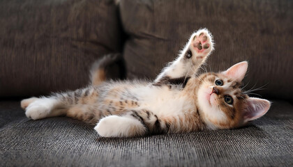 Fototapeta premium Adorable Kitten Lounging Upside Down on a Sofa