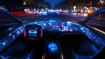 A concept car with augmented reality windshields, holographic controls, and retractable wheels, showcasing futuristic automotive innovation