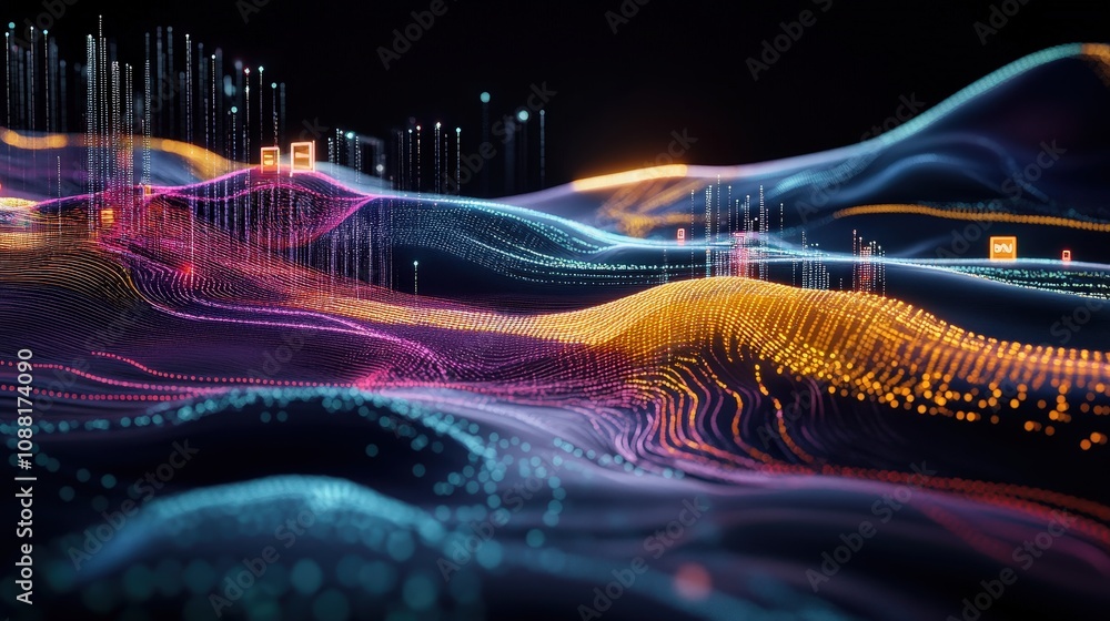 Poster a conceptual view of ai learning path, with data moving through various layers, growing smarter and 