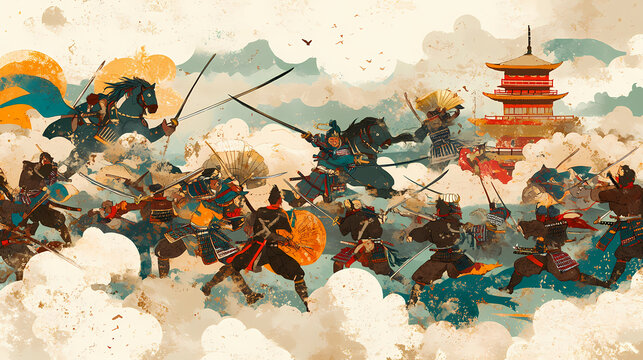 Rival clans of samurai and warriors in feudal japan battle. Ancient Samurai Battle. Illustration