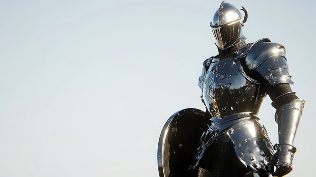A knight in shining armor stands with shield against a bright sky.