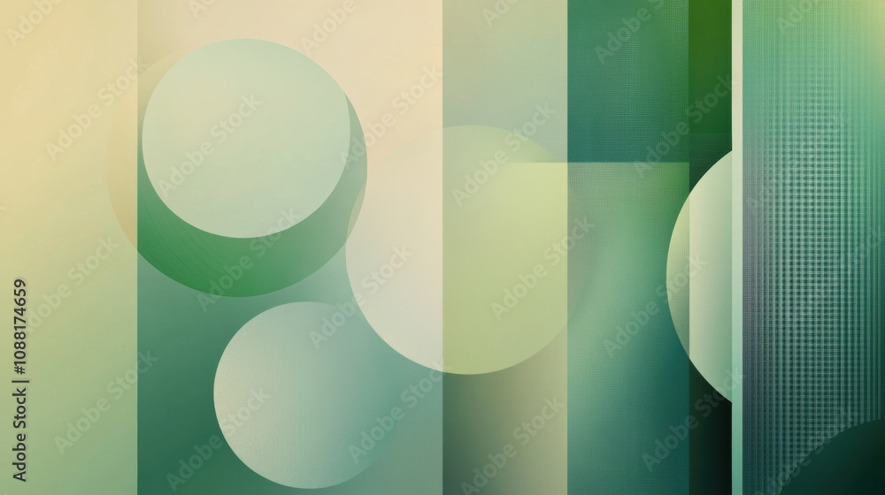 Poster modern abstract background with soft green hues and geometric shapes featuring circles and rectangle