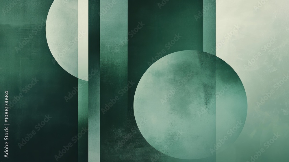 Poster abstract composition featuring geometric shapes in soothing green tones, highlighting circles and re