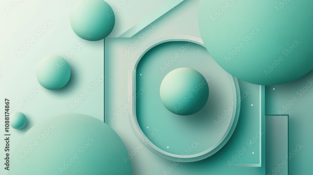 Poster abstract mint green background featuring geometric shapes and spheres, showcasing a modern design wi