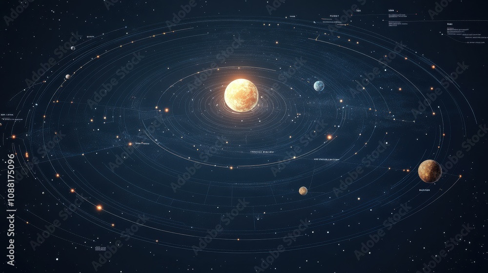 Poster stunning visualization of the solar system with orbital paths and distinct planets amidst a starry b