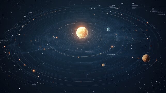 Stunning Visualization of the Solar System with Orbital Paths and Distinct Planets Amidst a Starry Background, Perfect for Science, Education, and Astronomy Themes