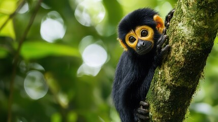 Obraz premium Realistic illustration of a monkey sitting in a tree, surrounded by lush greenery, capturing the essence of wildlife and nature in a serene jungle setting.